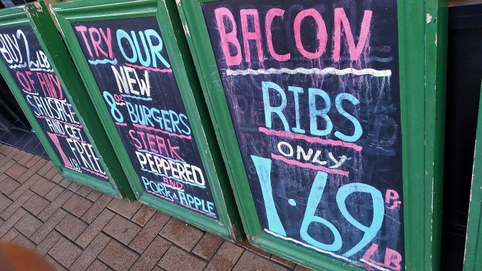 17/12/19  CHORLEY. Flat Iron Market. Allens Butchers. Signs.
